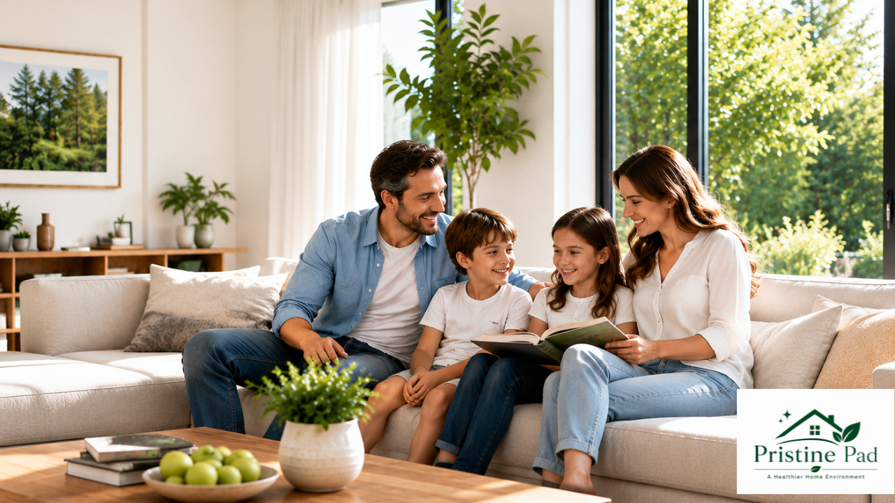 Pristine Pad (1) Happy family relaxing in a pristine, healthy home environment with a fresh and immaculate lounge room designed for comfort, wellness, and peace of mind.