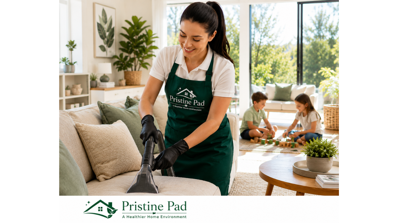 Pristine Pad (2) Professional Pristine Pad cleaner vacuuming a sofa in a bright, healthy family home while children play in the living room. Fresh, inviting interior with natural light, modern décor, and a clean, comfortable environment promoting healthier living.
