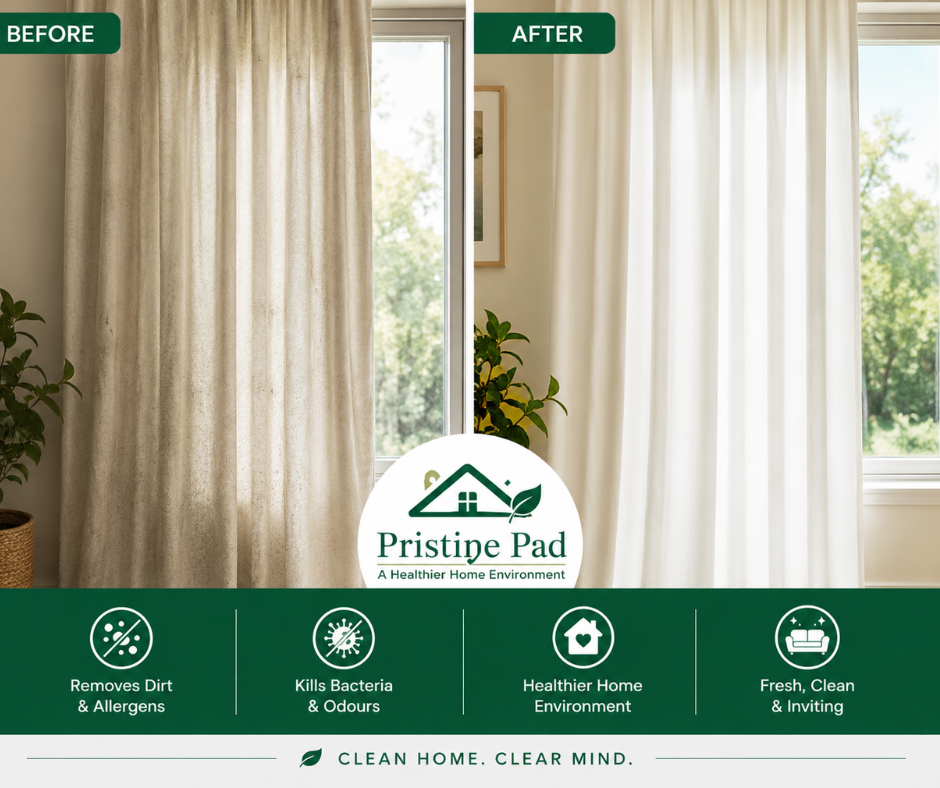 Pristine Pad Before After (1) Before and after curtain cleaning comparison showing dusty, dull curtains restored to a fresh, bright, and healthier condition by Pristine Pad. Professional curtain cleaning helping remove dirt, allergens, bacteria, and odours for a cleaner and more inviting home environment.