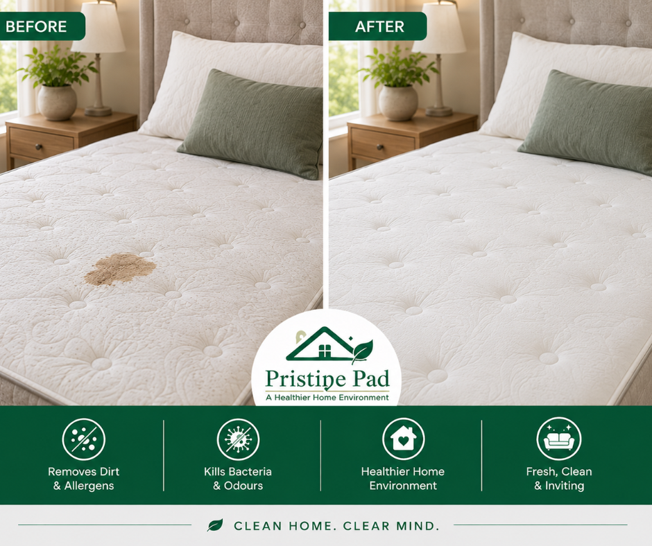 Pristine Pad Before After (2) Before and after mattress cleaning comparison showing a mattress with a visible spill stain restored to a fresh, clean, and healthier condition by Pristine Pad. Professional mattress cleaning helping remove dirt, allergens, bacteria, and odours for a cleaner, healthier sleeping environment.