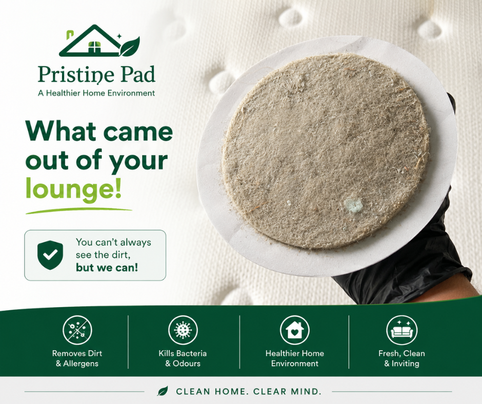 Pristine Pad Before After (3) Close-up of dirt and allergens extracted from a lounge during professional upholstery cleaning by Pristine Pad. Dirty filter pad held above a mattress surface, highlighting hidden dust, bacteria, and contaminants trapped inside furniture. Healthy home cleaning advertisement with fresh green branding and cleaner home messaging.