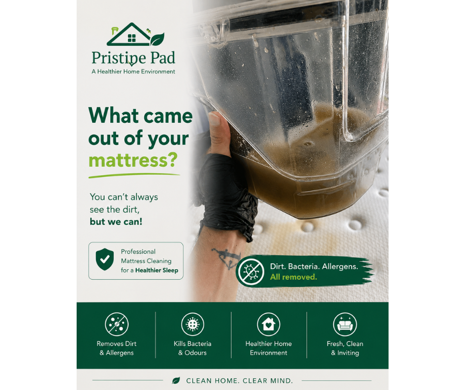 Pristine Pad Before After (5) Professional mattress cleaning advertisement for Pristine Pad showing dirty water extracted from a mattress during deep cleaning. Close-up of extracted dirt, allergens, bacteria, and contaminants removed from a mattress to create a fresher, cleaner, and healthier sleeping environment.