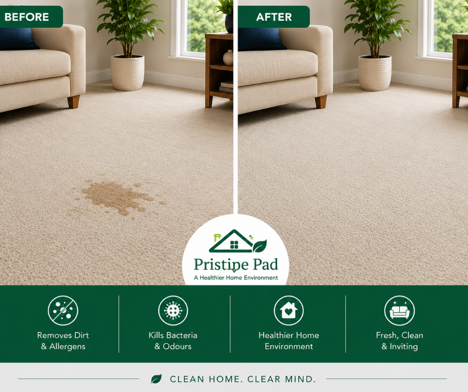 Pristine Pad Before After (6) Before and after carpet cleaning comparison showing a carpet with a visible coffee spill stain restored to a fresh, clean, and healthier condition by Pristine Pad. Professional carpet cleaning helping remove dirt, allergens, bacteria, and odours for a cleaner, fresher, and more inviting home environment.