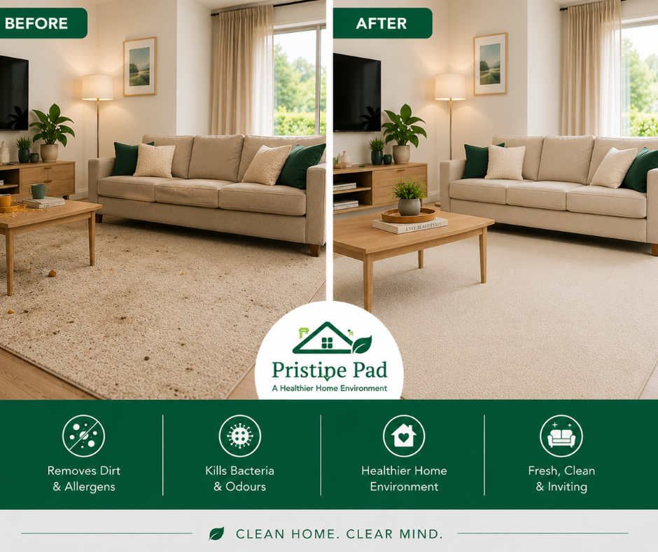 Pristine Pad Before After (7) Before and after house cleaning comparison showing a messy living room transformed into a fresh, spotless, and inviting home environment by Pristine Pad. Professional house cleaning helping remove dirt, dust, allergens, bacteria, and clutter for a cleaner, healthier, and more comfortable living space.