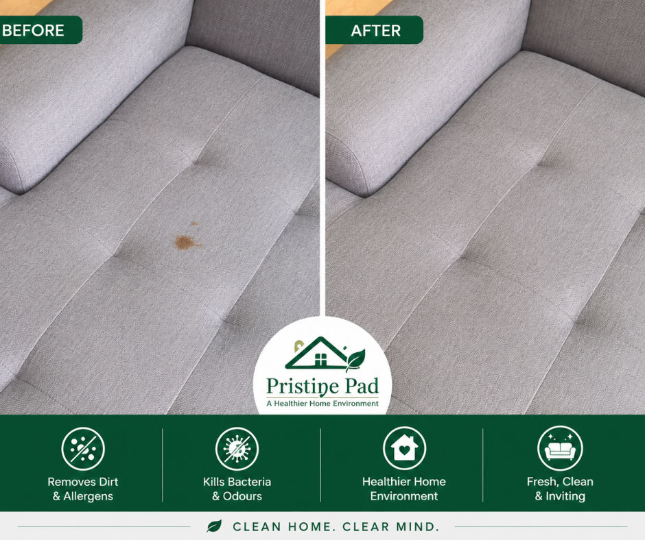 Pristine Pad before after Before and after lounge cleaning comparison showing a stained fabric sofa restored to a fresh, clean, and healthier condition by Pristine Pad. Professional upholstery cleaning removing spills, dirt, allergens, bacteria, and odours for a cleaner home environment.