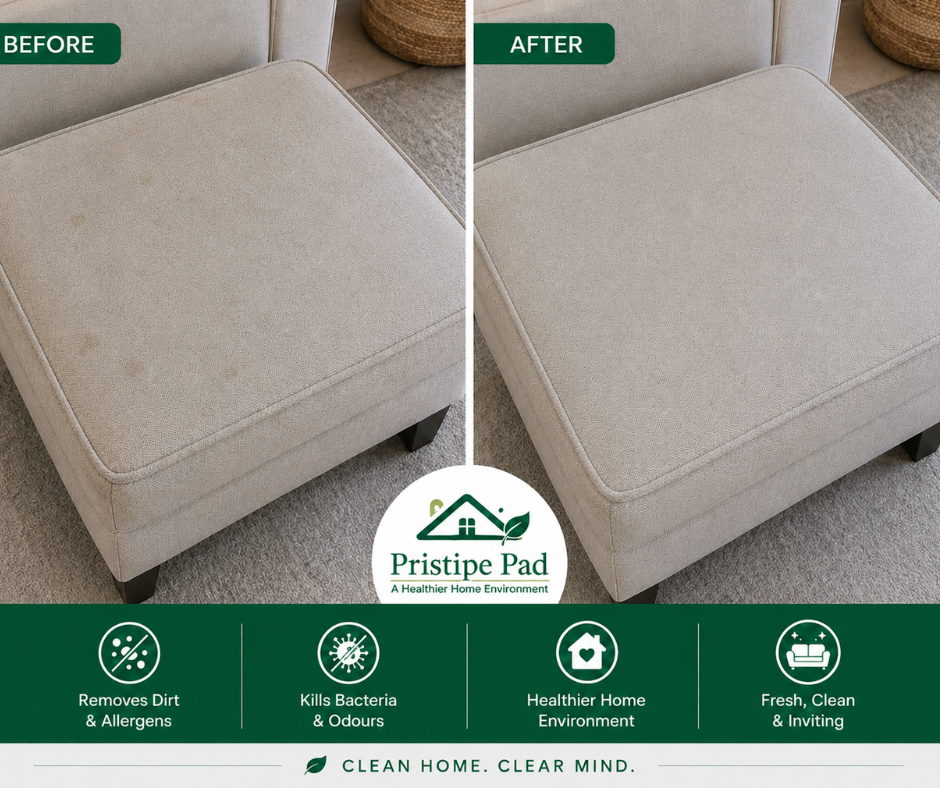 Pristine Pad Before After (8) Before and after ottoman cleaning by Pristine Pad. The left side shows a light beige fabric ottoman with minor staining and light discoloration from everyday use. The right side shows the same ottoman professionally cleaned, appearing brighter, fresher, and more uniform in colour. The image features Pristine Pad branding and highlights benefits including removal of dirt and allergens, elimination of bacteria and odours, a healthier home environment, and a fresh, clean appearance. Perfect for showcasing professional upholstery and ottoman cleaning results.